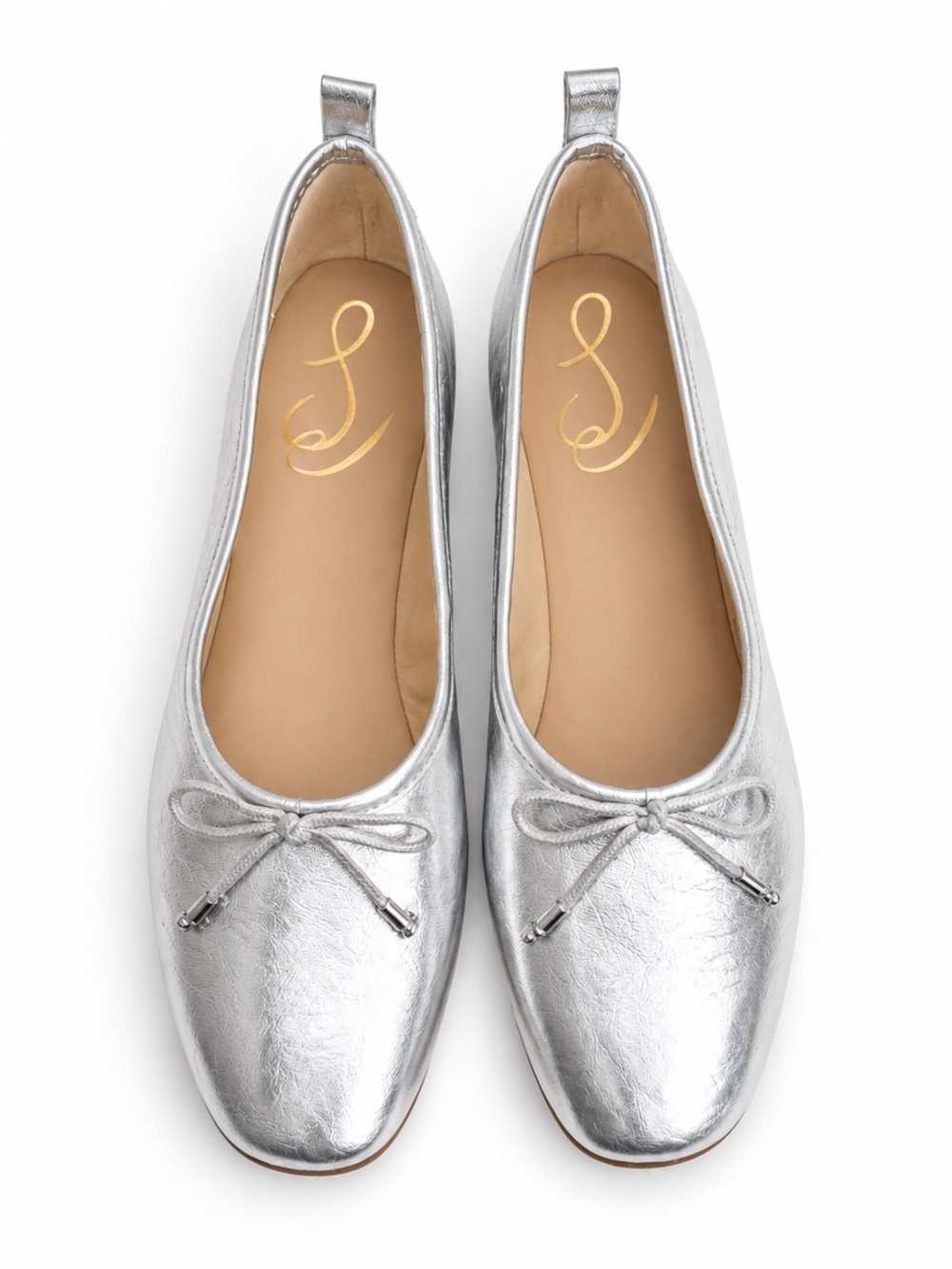Sam Edelman Ari Leather Ballet Flats Silver Metallic Bow Shoes Size 8.5